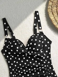Swim Lushoire Spring/Summer New Hot-Selling Pink Polka Dot Two-Piece Double Strap Tank Top Bikini Set For Mature Women - Black and White - View 5