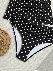 Swim Lushoire Spring/Summer New Hot-Selling Pink Polka Dot Two-Piece Double Strap Tank Top Bikini Set For Mature Women - Black and White - View 8