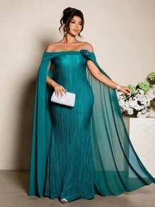 Cravure 大尺碼女款優雅淺青色夏季婚禮賓客派對正式長裙，露肩百褶針織網紗拼接3D花卉晚禮服 - 綠色 - 查看 6