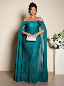 Cravure 大尺碼女款優雅淺青色夏季婚禮賓客派對正式長裙，露肩百褶針織網紗拼接3D花卉晚禮服 - 綠色 - 查看 5
