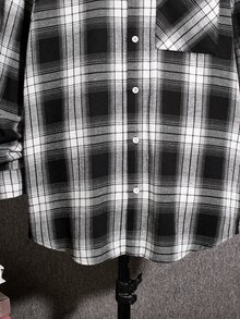 SHEIN Teen Boys Casual Plaid Collar Pocket Long Sleeve Shirt,Back-To-School Autumn Y2k Graduation,Warm Winter School Season Home Daily Wear Sports Birthday - Black and White - View 9