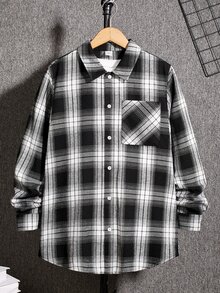 SHEIN Teen Boys Casual Plaid Collar Pocket Long Sleeve Shirt,Back-To-School Autumn Y2k Graduation,Warm Winter School Season Home Daily Wear Sports Birthday - Black and White - View 6