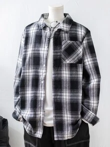 SHEIN Teen Boys Casual Plaid Collar Pocket Long Sleeve Shirt,Back-To-School Autumn Y2k Graduation,Warm Winter School Season Home Daily Wear Sports Birthday - Black and White - View 2