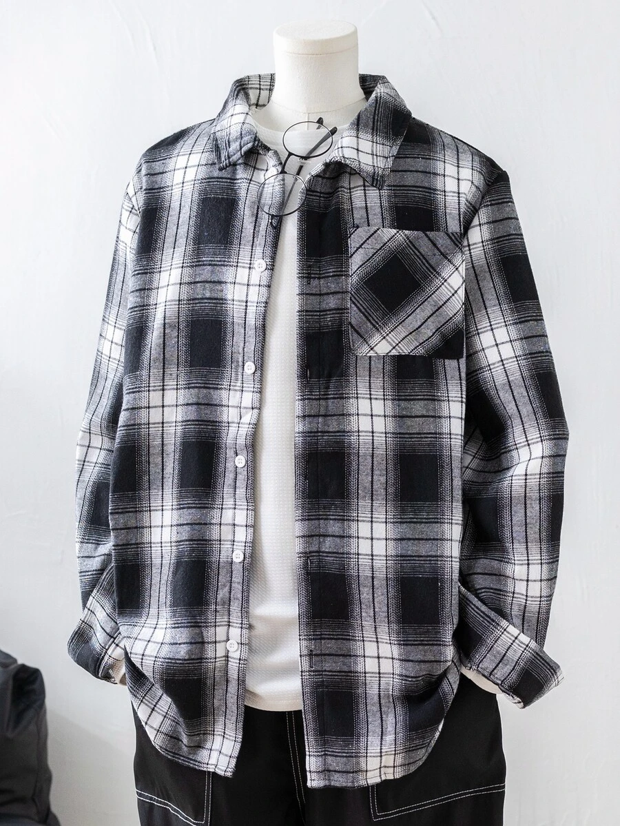 SHEIN Teen Boys Casual Plaid Collar Pocket Long Sleeve Shirt,Back-To-School Autumn Y2k Graduation,Warm Winter School Season Home Daily Wear Sports Birthday