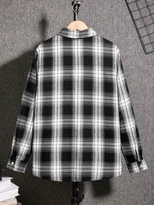 SHEIN Teen Boys Casual Plaid Collar Pocket Long Sleeve Shirt,Back-To-School Autumn Y2k Graduation,Warm Winter School Season Home Daily Wear Sports Birthday - Black and White - View 8