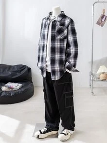 SHEIN Teen Boys Casual Plaid Collar Pocket Long Sleeve Shirt,Back-To-School Autumn Y2k Graduation,Warm Winter School Season Home Daily Wear Sports Birthday - Black and White - View 5