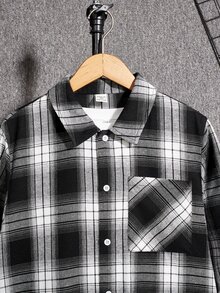 SHEIN Teen Boys Casual Plaid Collar Pocket Long Sleeve Shirt,Back-To-School Autumn Y2k Graduation,Warm Winter School Season Home Daily Wear Sports Birthday - Black and White - View 4