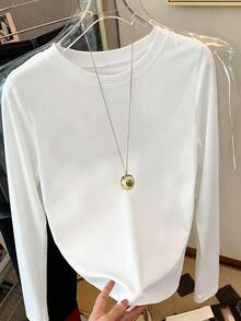 EMERY ROSE Camiseta de manga larga con cuello redondo, color liso, minimalista y versátil para mujer, primavera/otoño - Blanco - Ver 1