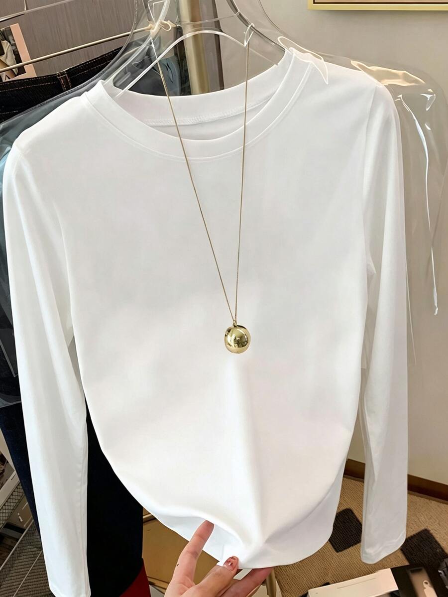 EMERY ROSE Camiseta de manga larga con cuello redondo, color liso, minimalista y versátil para mujer, primavera/otoño - Blanco - Ver 1