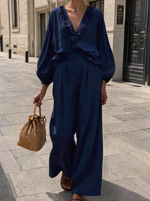 SHEIN Fall Elegant Flowy Two Piece Set Outfit Women Puff Long Sleeve Deep V Neck Sexy Shirt Elastic Waist Pocket Wide Leg Pants For Weekend Trip Outdoor