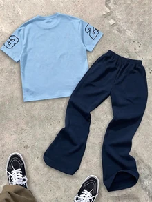 Tween Boy Casual Comfortable Kids Fashion Minimalist Crew Neck Short Sleeve Flare Pants T-Shirt Set - Multicolor - View 2