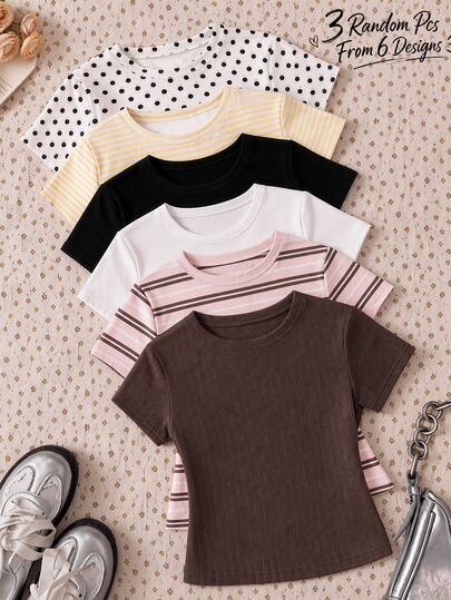 Teen Girls Casual Minimalist Basic Versatile Fitted Crew Neck Short Sleeve T-Shirt 3pcs Set, Suitable For All Seasons Daily Wear, Autumn/Winter Layering, Outings, Music Festivals, American Street Style, Sweet & Cool Lazy, Relaxed Fashion, Girly Style