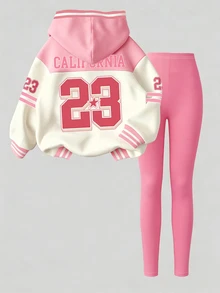 SHEIN Girlism 2件組青少年女孩休閒復古字母與數字秋季連帽衛衣與內搭褲，海軍藍，冬季，At - 白色 - 查看 2