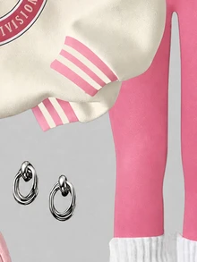 SHEIN Girlism 2件組青少年女孩休閒復古字母與數字秋季連帽衛衣與內搭褲，海軍藍，冬季，At - 白色 - 查看 5