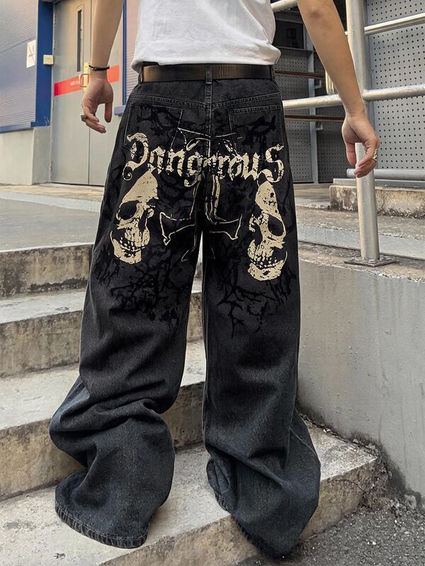 ROMWE MEN Street Life Men's Vintage Black Washed Wide Leg Jeans, Gothic Skull Cross Thorn Print, Hip-Hop Punk Street Style Distressed Loose Denim Pants, Suitable For Daily, Street, Party Wear