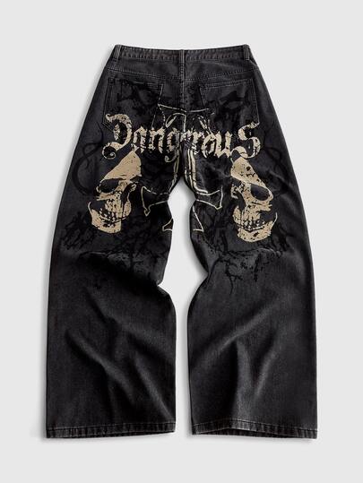 ROMWE MEN Street Life Men's Vintage Black Washed Wide Leg Jeans, Gothic Skull Cross Thorn Print, Hip-Hop Punk Street Style Distressed Loose Denim Pants, Suitable For Daily, Street, Party Wear