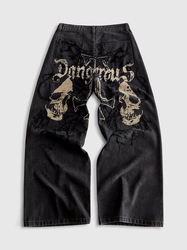 ROMWE MEN Street Life Men's Vintage Black Washed Wide Leg Jeans, Gothic Skull Cross Thorn Print, Hip-Hop Punk Street Style Distressed Loose Denim Pants, Suitable For Daily, Street, Party Wear