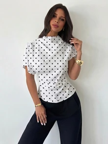 Firerie Plus Size Sweet French Polka Dot Print Ruched Slim Fit Blouse - White - View 2
