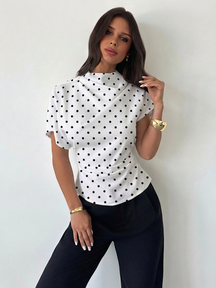 Firerie Plus Size Sweet French Polka Dot Print Ruched Slim Fit Blouse - White - View 1