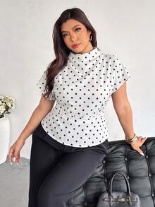 Firerie Plus Size Sweet French Polka Dot Print Ruched Slim Fit Blouse - White - View 7