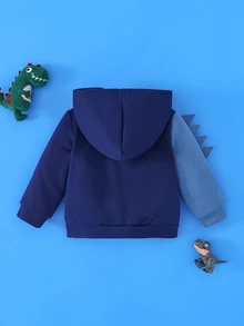 SHEIN Playful Pals 男嬰休閒街頭牛仔風可愛運動日常百搭恐龍3D小角設計連帽外套，秋季海軍藍，度假社團風 - 藏蓝色 - 查看 2