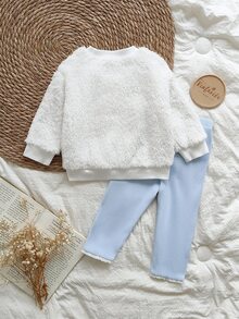 SHEIN Vintaside Kids 女婴休闲花卉刺绣泰迪羊毛套衫和撞色蕾丝打底裤套装，秋冬 - 彩色 - 查看 2