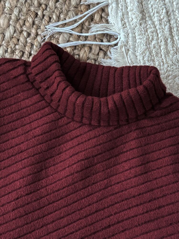 SHEIN Baby Girl 0-3 Years Autumn Ribbed Knit Long Sleeve Top & Flared Pants Set Burgundy Modest Matching Family Clothing High Collar Casual Daily Outfit - Burgundy - View 7