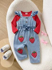 SHEIN Vintaside Kids 2件組 藍色女嬰甜美草莓刺繡鈕扣荷葉邊肩帶長袖上衣吊帶褲套裝 秋季 - 紅色 - 查看 1