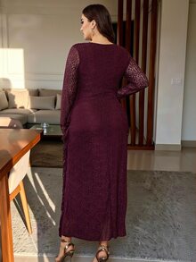Modelyn Gaun Pesta Wanita Ukuran Besar, Elastis, Renda Mawar, Jala, Kerah Model Cowl, Hem Berkerut, Pas Badan, Lengan Panjang, Musim Semi, Musim Panas, Musim Gugur, Warna Ungu Tua - Burgundy - View 2