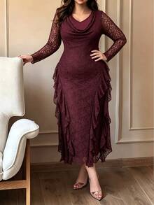Modelyn Gaun Pesta Wanita Ukuran Besar, Elastis, Renda Mawar, Jala, Kerah Model Cowl, Hem Berkerut, Pas Badan, Lengan Panjang, Musim Semi, Musim Panas, Musim Gugur, Warna Ungu Tua - Burgundy - View 3