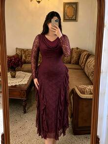 Modelyn Gaun Pesta Wanita Ukuran Besar, Elastis, Renda Mawar, Jala, Kerah Model Cowl, Hem Berkerut, Pas Badan, Lengan Panjang, Musim Semi, Musim Panas, Musim Gugur, Warna Ungu Tua - Burgundy - View 7