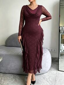 Modelyn Gaun Pesta Wanita Ukuran Besar, Elastis, Renda Mawar, Jala, Kerah Model Cowl, Hem Berkerut, Pas Badan, Lengan Panjang, Musim Semi, Musim Panas, Musim Gugur, Warna Ungu Tua - Burgundy - View 5