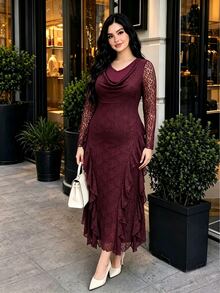 Modelyn Gaun Pesta Wanita Ukuran Besar, Elastis, Renda Mawar, Jala, Kerah Model Cowl, Hem Berkerut, Pas Badan, Lengan Panjang, Musim Semi, Musim Panas, Musim Gugur, Warna Ungu Tua - Burgundy - View 6