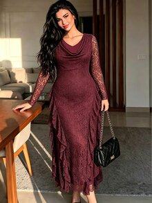Modelyn Gaun Pesta Wanita Ukuran Besar, Elastis, Renda Mawar, Jala, Kerah Model Cowl, Hem Berkerut, Pas Badan, Lengan Panjang, Musim Semi, Musim Panas, Musim Gugur, Warna Ungu Tua - Burgundy - View 1