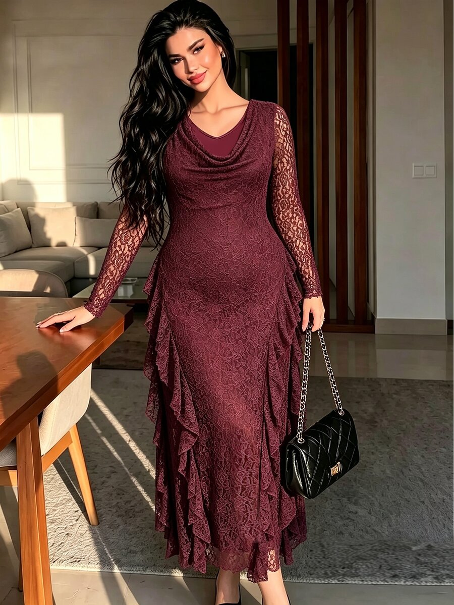 Modelyn Gaun Pesta Wanita Ukuran Besar, Elastis, Renda Mawar, Jala, Kerah Model Cowl, Hem Berkerut, Pas Badan, Lengan Panjang, Musim Semi, Musim Panas, Musim Gugur, Warna Ungu Tua - Burgundy - View 1