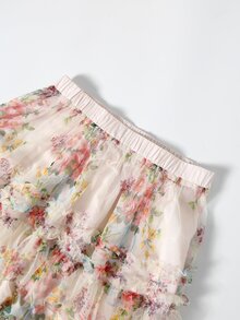 SHEIN Clasi 优雅印花网纱长裙，加大码，春夏畅销款 - 杏色 - 查看 7