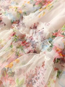 SHEIN Clasi 优雅印花网纱长裙，加大码，春夏畅销款 - 杏色 - 查看 4