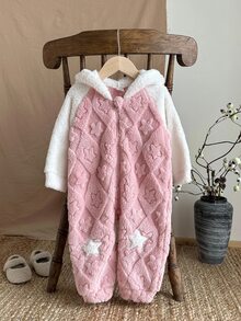 SHEIN 女婴双面羊毛连帽连体衣，可爱休闲装，适合秋冬季日常穿着 - 粉色 - 查看 8
