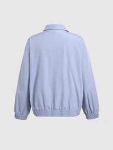 SHEIN 青少年女孩淺藍色拼接緞帶立領落肩寬鬆休閒夾克 - 藍色 - 查看 3