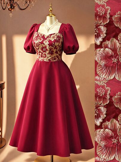Rometta Plus Size Vintage Romantic Elegant Square Neck Short Sleeve Summer Dress, Suitable For Dates, Parties, Formal Occasions, Summer Dress, Romantic Dress, Women's Dress