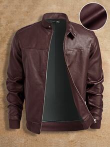 HIMLAND Men's Solid Color Long Sleeve Zipper Front PU Leather Jacket - Brown - View 1