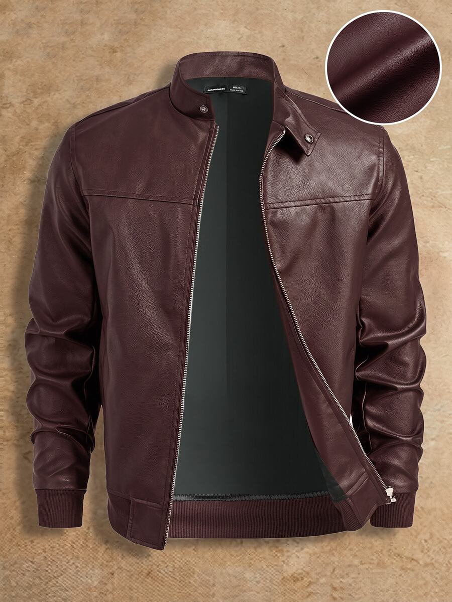 HIMLAND Men's Solid Color Long Sleeve Zipper Front PU Leather Jacket - Brown - View 1