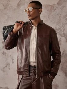 HIMLAND Men's Solid Color Long Sleeve Zipper Front PU Leather Jacket - Brown - View 10