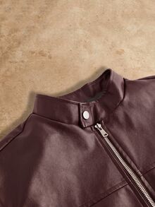 HIMLAND Men's Solid Color Long Sleeve Zipper Front PU Leather Jacket - Brown - View 7