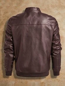 HIMLAND Men's Solid Color Long Sleeve Zipper Front PU Leather Jacket - Brown - View 2