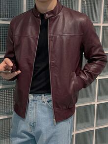 HIMLAND Men's Solid Color Long Sleeve Zipper Front PU Leather Jacket - Brown - View 12