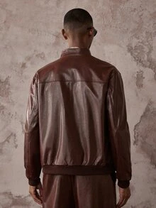 HIMLAND Men's Solid Color Long Sleeve Zipper Front PU Leather Jacket - Brown - View 5
