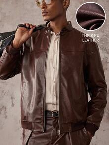 HIMLAND Men's Solid Color Long Sleeve Zipper Front PU Leather Jacket - Brown - View 3