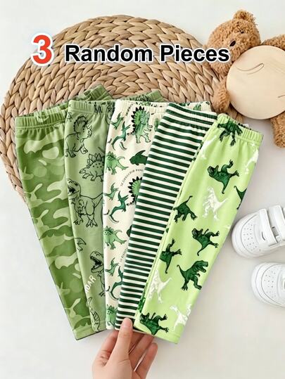 3 RANDOM PCS, Baby Boy New Cute Comfortable Minimalist Soft Casual Dinosaur Print, Camouflage Boys Pants Daily Trousers, Pattern Gift Boys Like