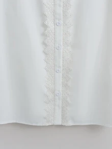Franclia 女款白色領珍珠裝飾拼接蕾絲泡泡袖休閒襯衫，適合日常穿著、通勤、外出、下午茶、約會、度假 - 白色 - 查看 9